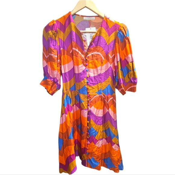 Karlie Multi 70s Button Down Colorful Geometric Patterned Mini Dress Small,NWT - Picture 3 of 10